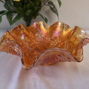 Vintage Marigold Imperial Carnival Glass‎ Bowl with Roses and Leaves Pattern